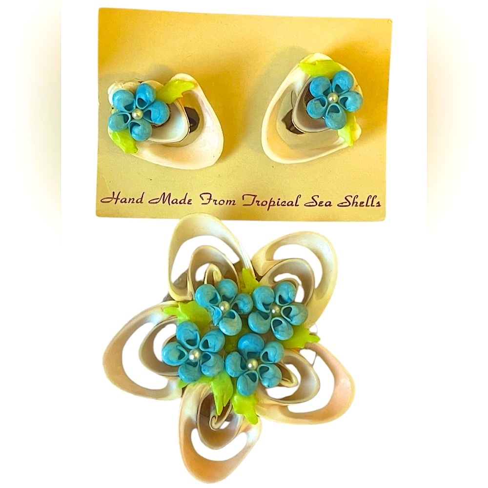 Floral Tropical Sea Shell Clip On Earring Brooch Set Hand Made Vintage Flower